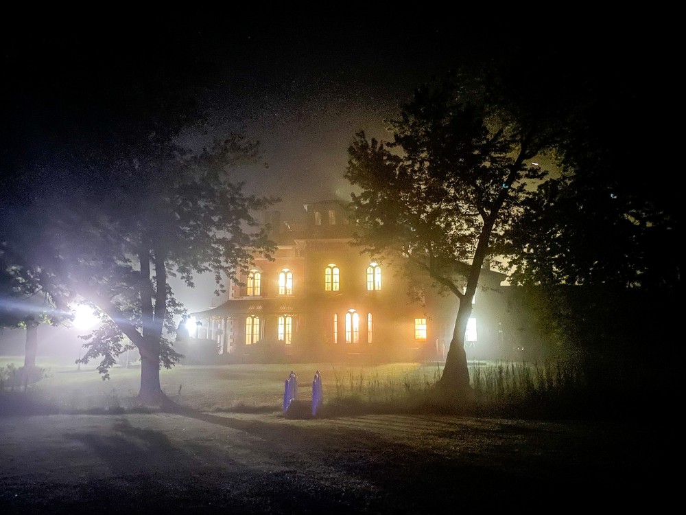 The mansion glows in the background with eerie black trees in the foreground